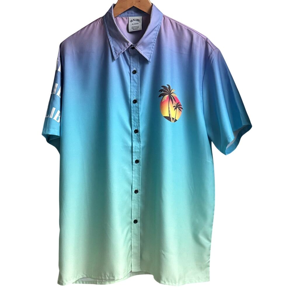Malibu Rum Vendor Promo Button Down Shirt XL Gradient Palm Tree Sunset EUC